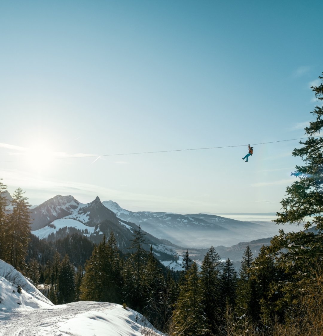 Mensch an Zipline von Charmey vor Wald und Felsen mit Schnee. Im Hintergrund: Moléson.